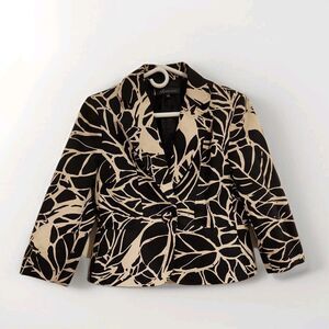 Anne Klein Blazer Size 8 | Black Beige Leaf Print | 100% Cotton Career Jacket